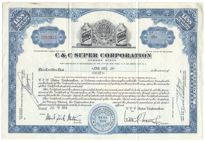 C & C Super Corporation Stock Certificate