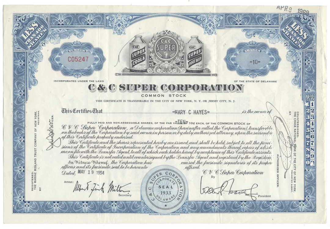 C & C Super Corporation stock certificate with blue and white design from 1954
