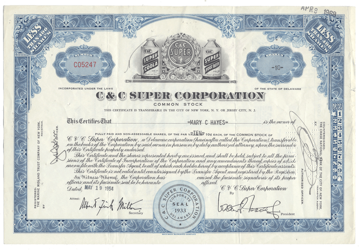 C & C Super Corporation stock certificate with blue and white design from 1954