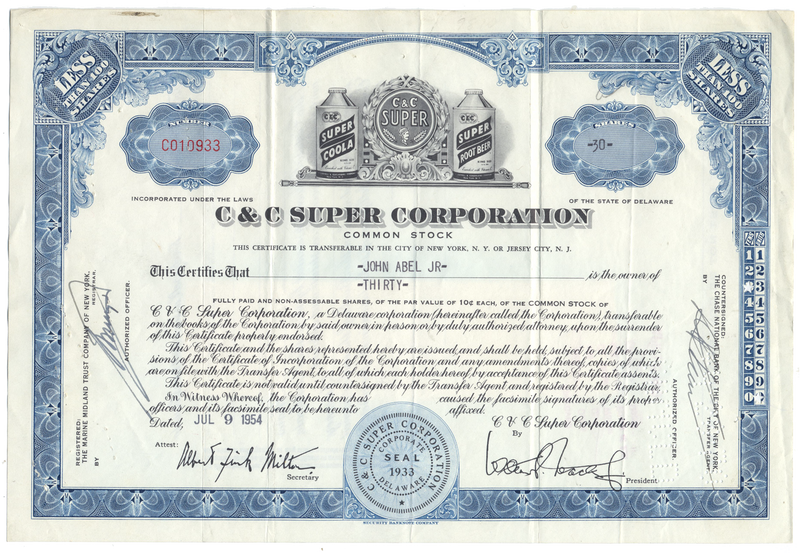 C & C Super Corporation Stock Certificate