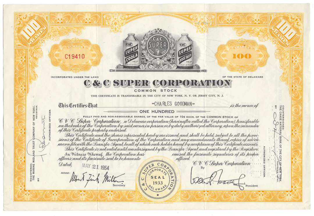 C&C Super Corporation stock certificate from 1954