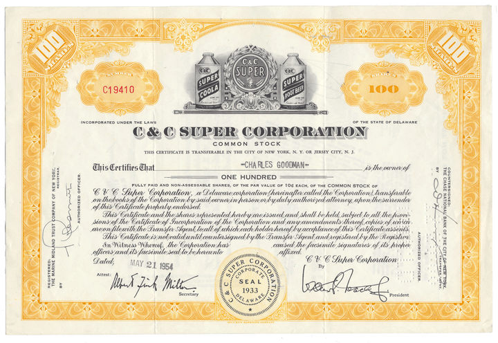 C&C Super Corporation stock certificate from 1954