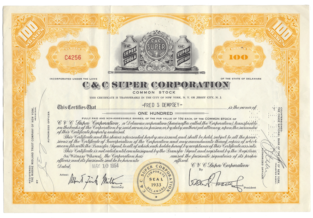 C & C Super Corporation stock certificate with yellow border and branding from 1954
