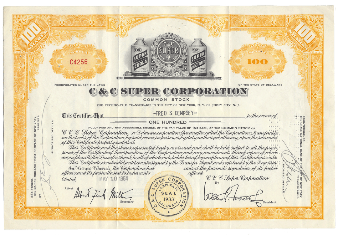 C & C Super Corporation stock certificate with yellow border and branding from 1954