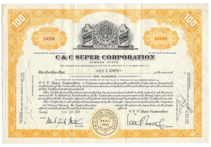 C & C Super Corporation stock certificate with yellow border and branding from 1954