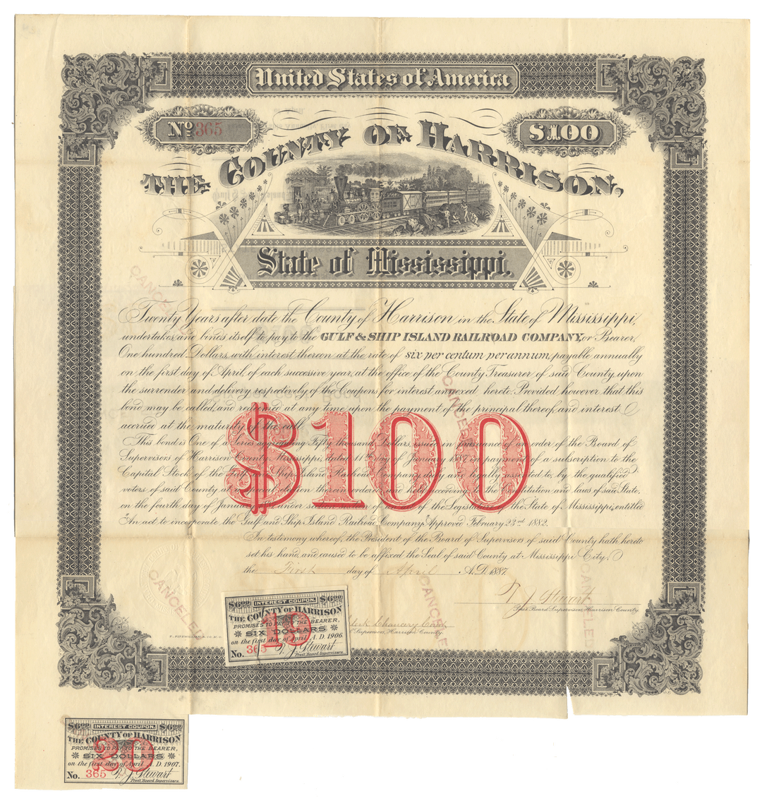Vintage $100 bond certificate from the Harrison County, Mississippi and the Gulf & Ship Island Railroad