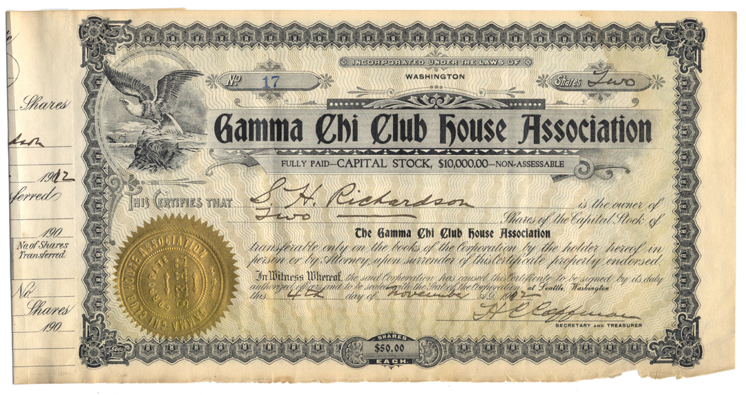 Gamma Chi Club House Association Stock Certificate