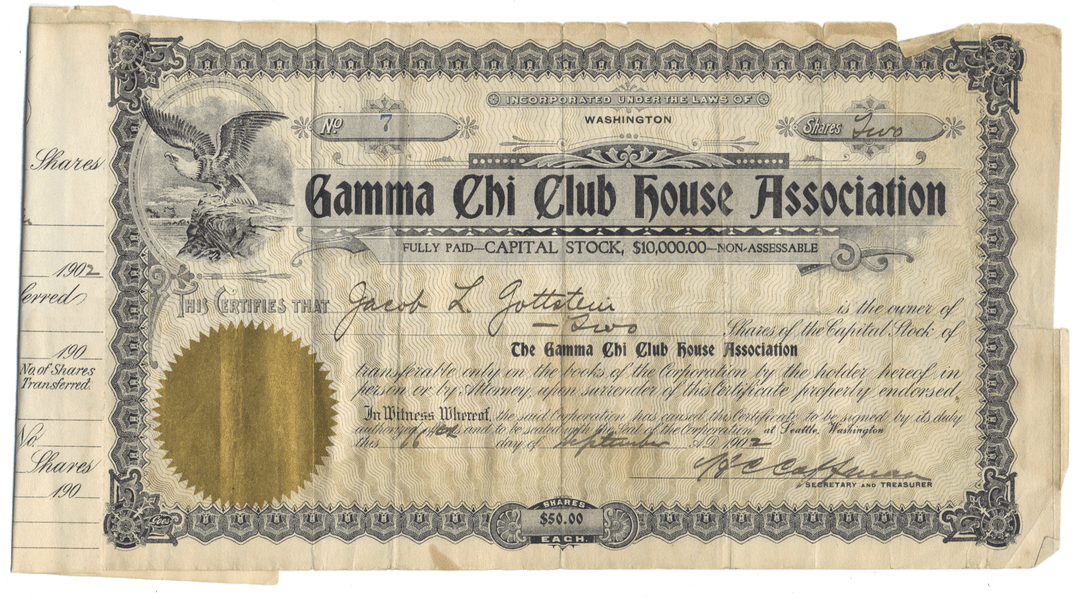 Vintage stock certificate for Gamma Chi Club House Association with decorative elements.