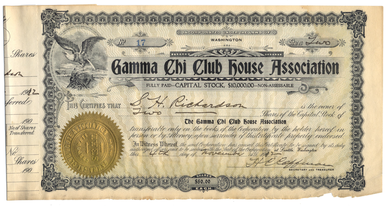 Gamma Chi Club House Association Stock Certificate