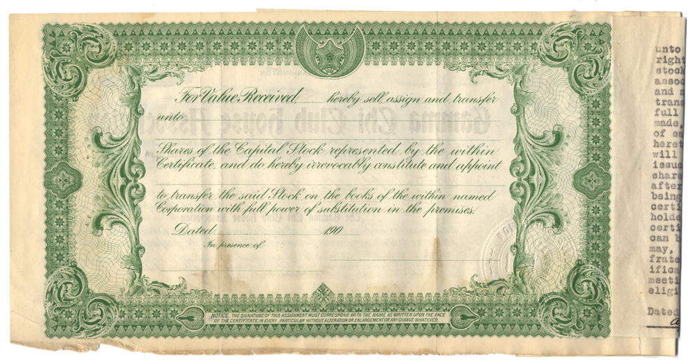 Gamma Chi Club House Association Stock Certificate