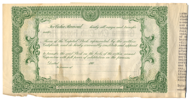 Gamma Chi Club House Association Stock Certificate