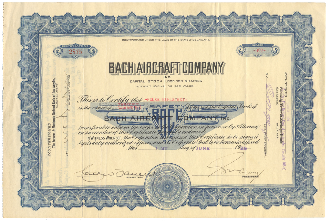 Bach Aircraft Company Inc. Stock Certificate