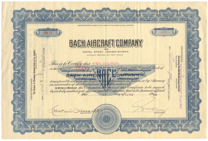 Bach Aircraft Company Inc. Stock Certificate