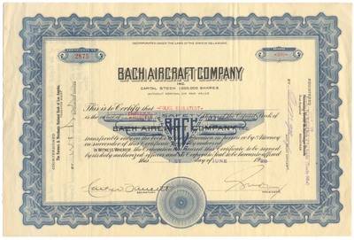 Bach Aircraft Company Inc. Stock Certificate