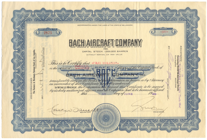 Bach Aircraft Company Inc. Stock Certificate
