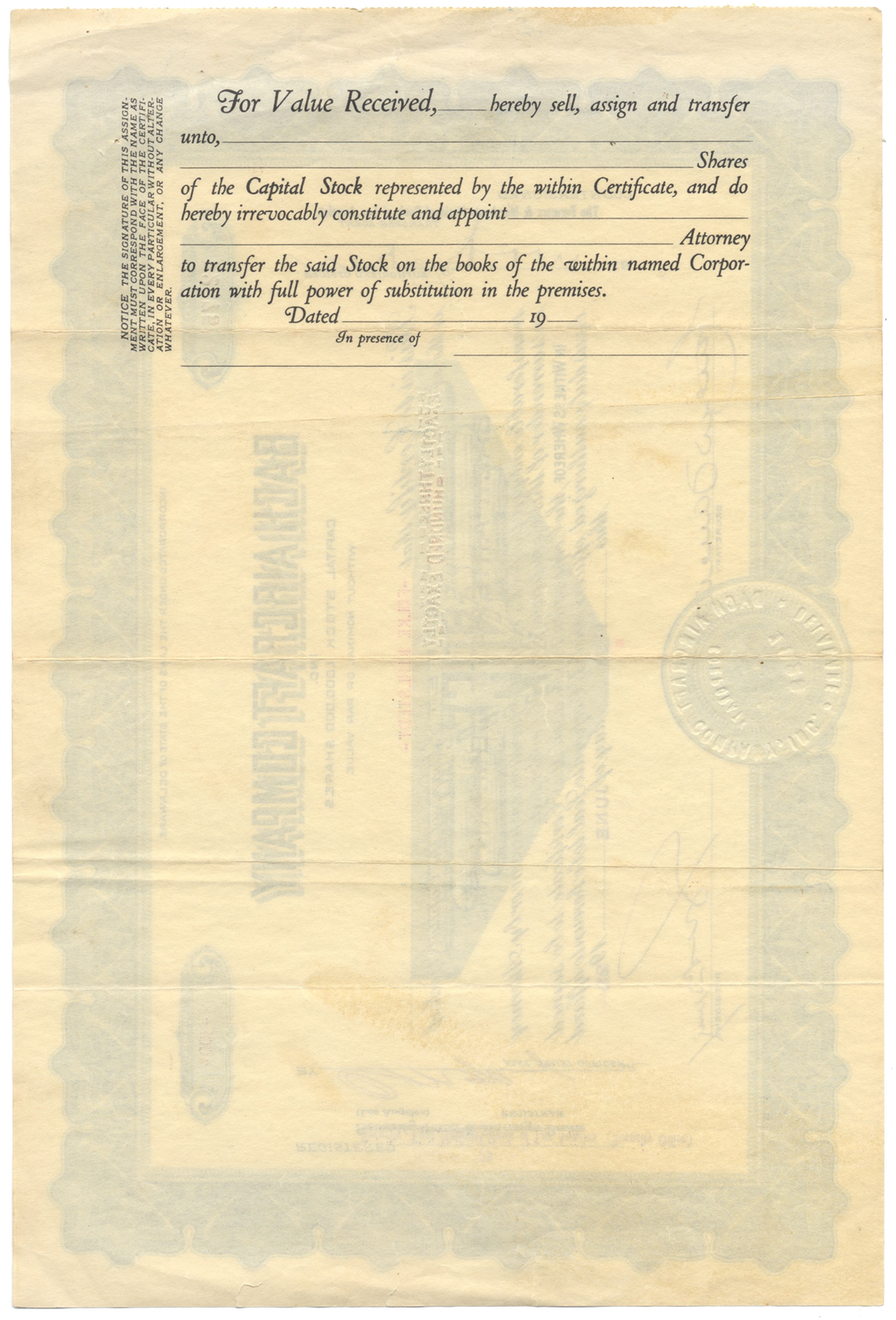 Bach Aircraft Company Inc. Stock Certificate