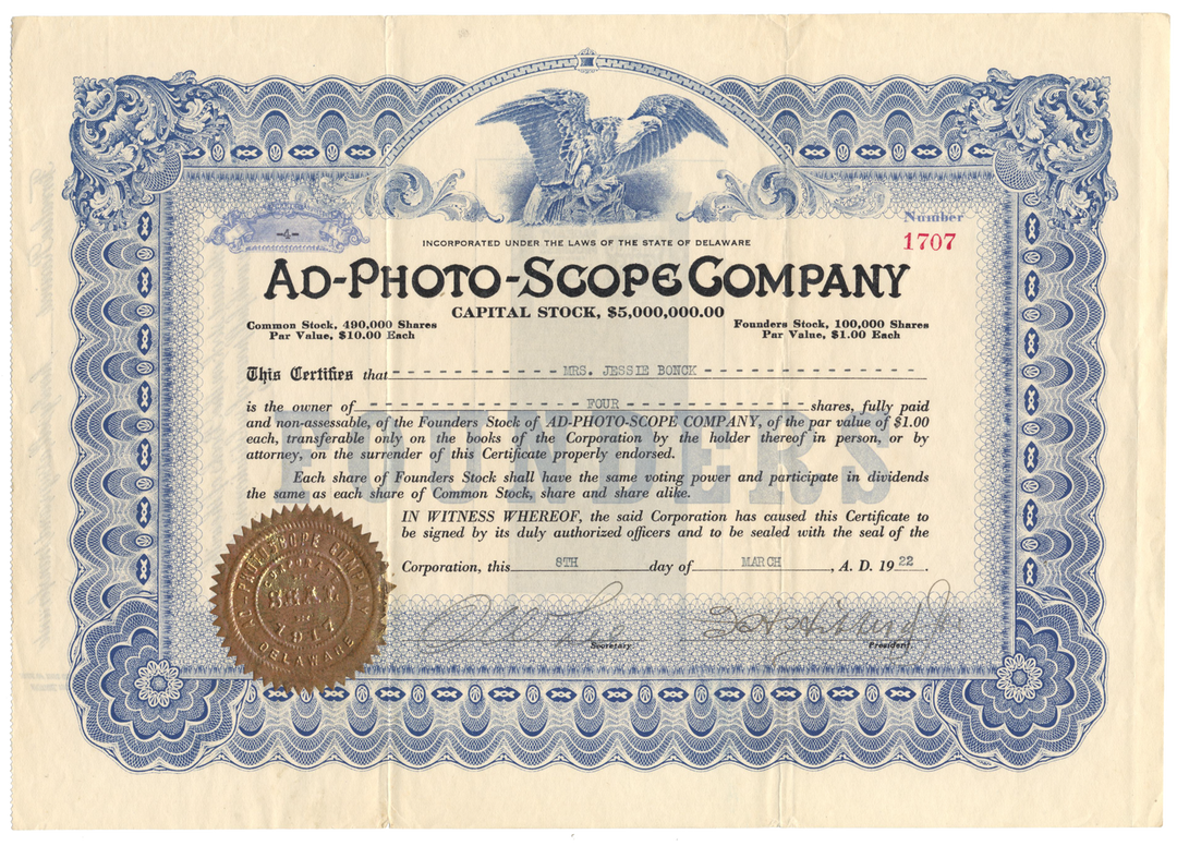 Ad-Photo-Scope Company Stock Certificate