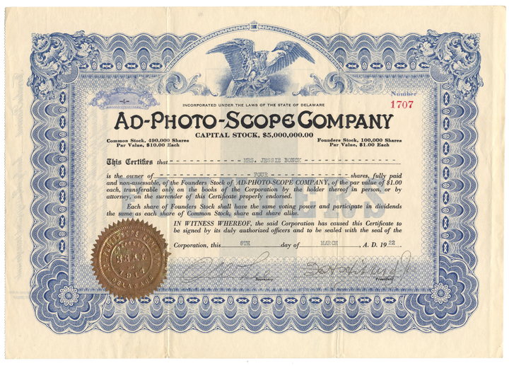 Ad-Photo-Scope Company Stock Certificate