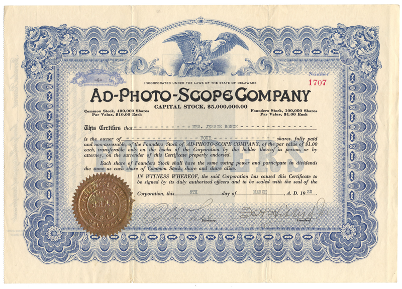 Ad-Photo-Scope Company Stock Certificate