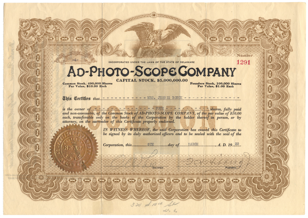 Ad-Photo-Scope CompanyAd-Photo-Scope Company Stock Certificate