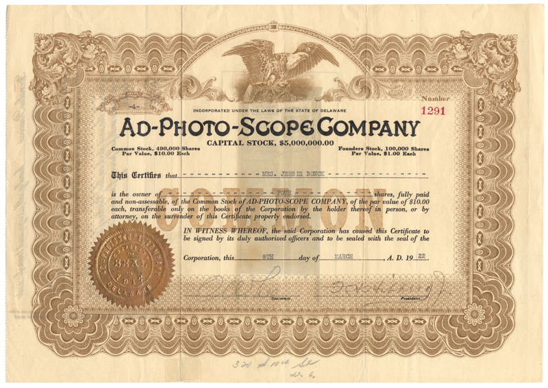 Ad-Photo-Scope CompanyAd-Photo-Scope Company Stock Certificate