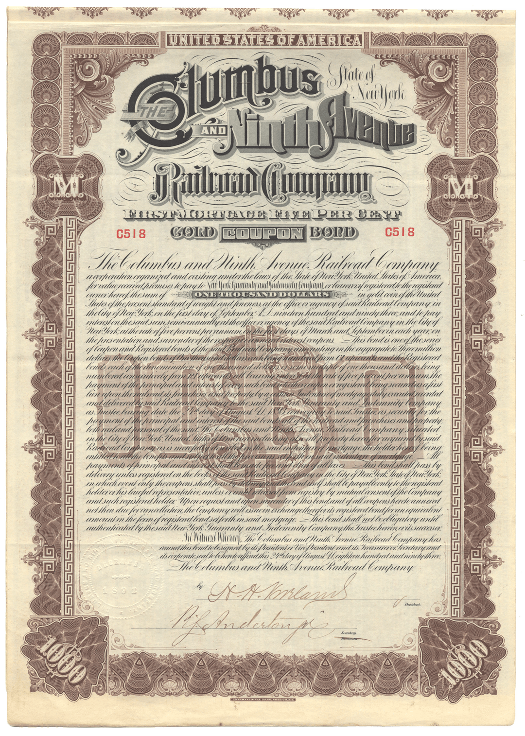 Vintage bond certificate of the Columbus and North Avenue Railroad Company from 1893