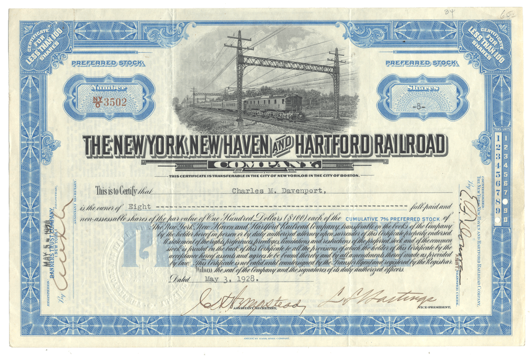 Vintage stock certificate from the New York, New Haven and Hartford Railroad Company dated 1928