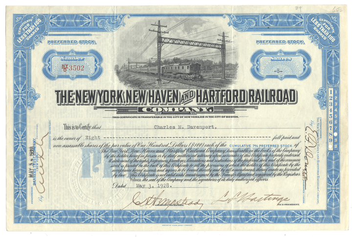 Vintage stock certificate from the New York, New Haven and Hartford Railroad Company dated 1928