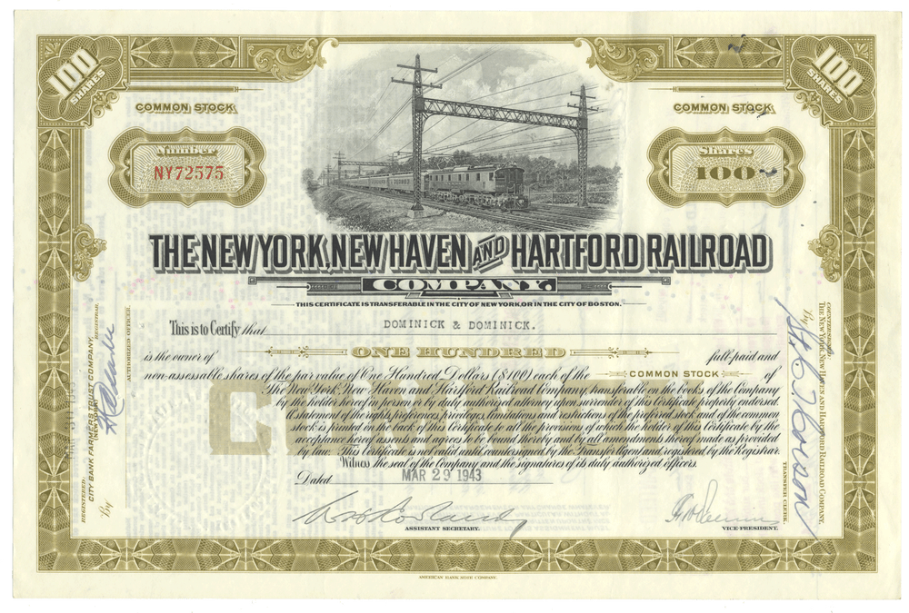 Vintage stock certificate of The New York, New Haven and Hartford Railroad Company