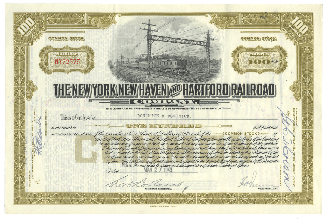 Vintage stock certificate of The New York, New Haven and Hartford Railroad Company