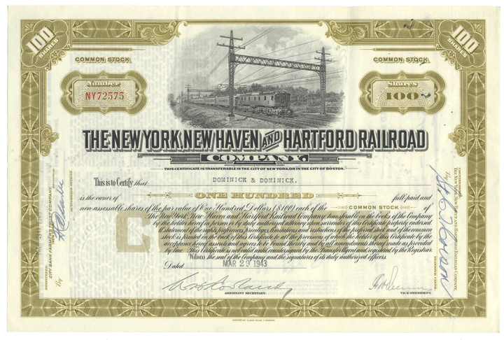 Vintage stock certificate of The New York, New Haven and Hartford Railroad Company