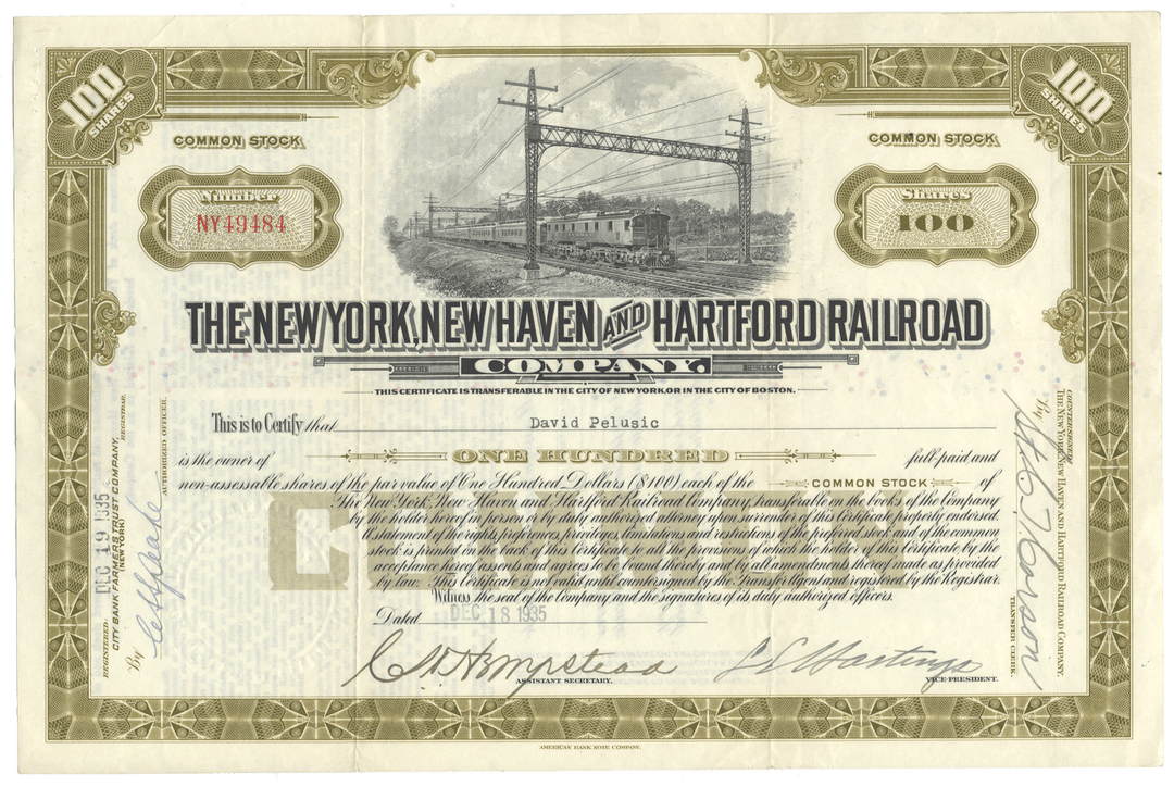 Vintage stock certificate from the New York, New Haven and Hartford Railroad Company dated 1935