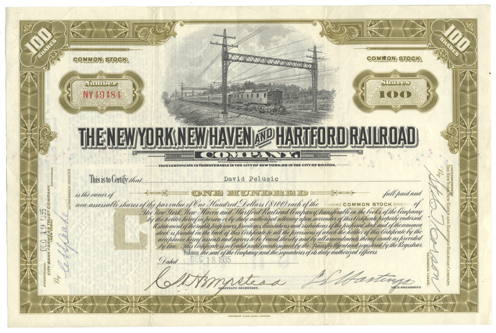 Vintage stock certificate from the New York, New Haven and Hartford Railroad Company dated 1935
