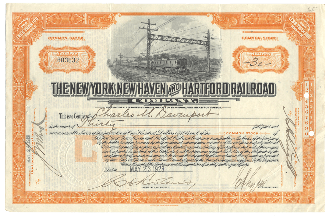 Vintage stock certificate from the New York, New Haven and Hartford Railroad Company dated 1928