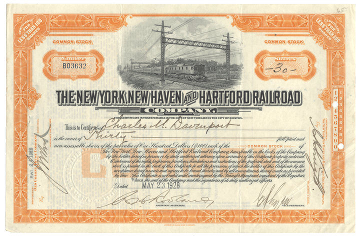 Vintage stock certificate from the New York, New Haven and Hartford Railroad Company dated 1928