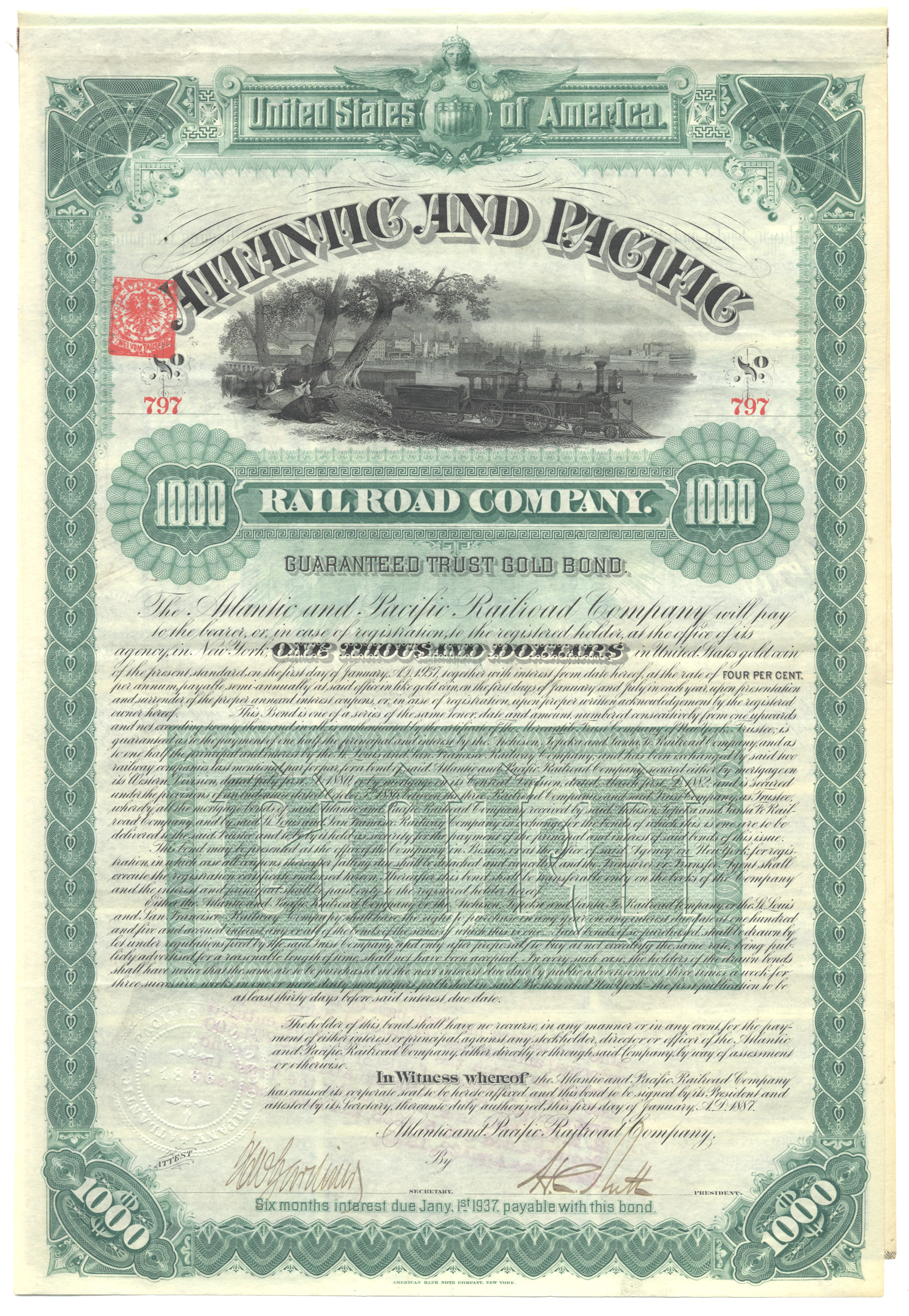 An antique 1887 Atlantic & Pacific Railroad Company bond certificate