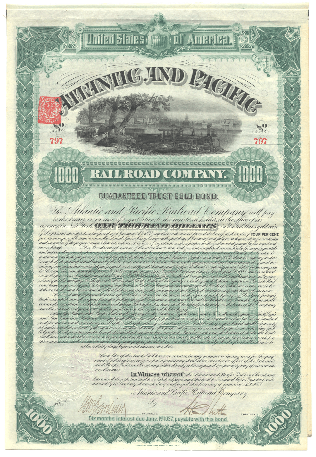 An antique 1887 Atlantic & Pacific Railroad Company bond certificate