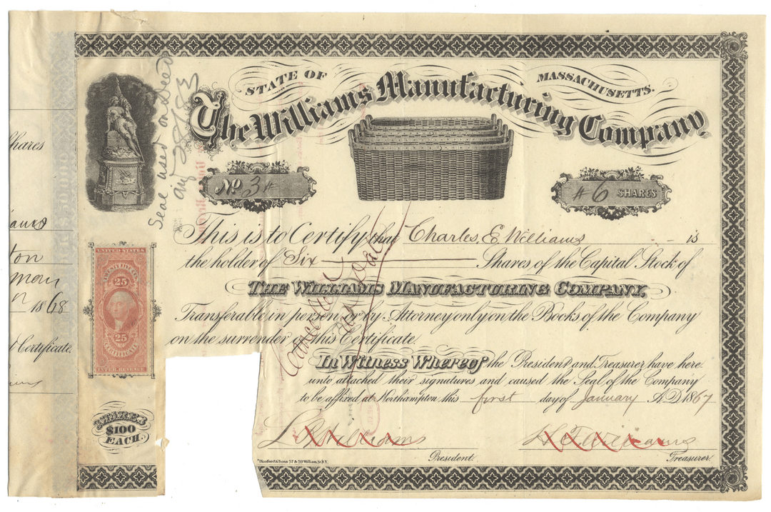 An antique 19th-century stock certificate from The Williams Manufacturing Company, Massachusetts, dated 1867