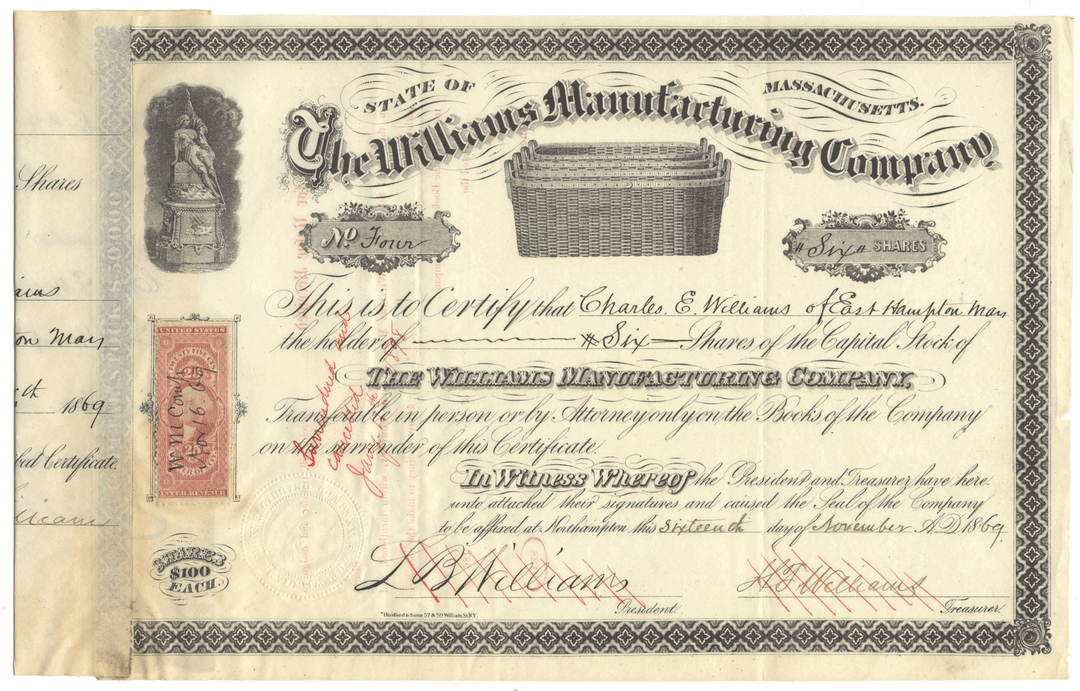 Williams Manufacturing Company stock certificate from 1869