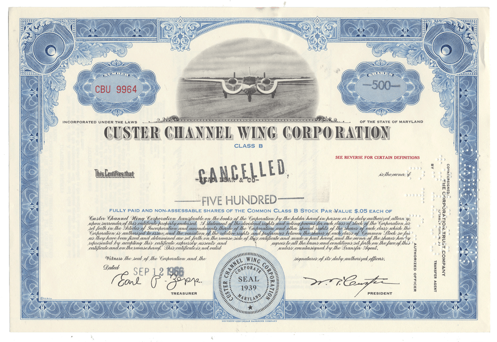 Stock certificate of Custer Channel Wing Corporation with airplane illustration