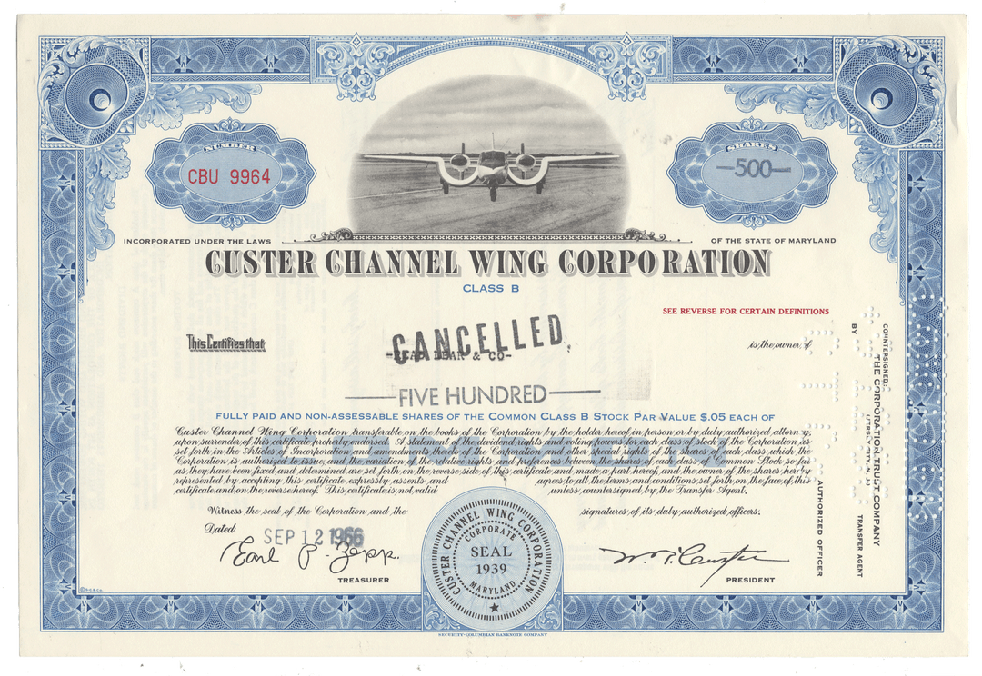 Stock certificate of Custer Channel Wing Corporation with airplane illustration