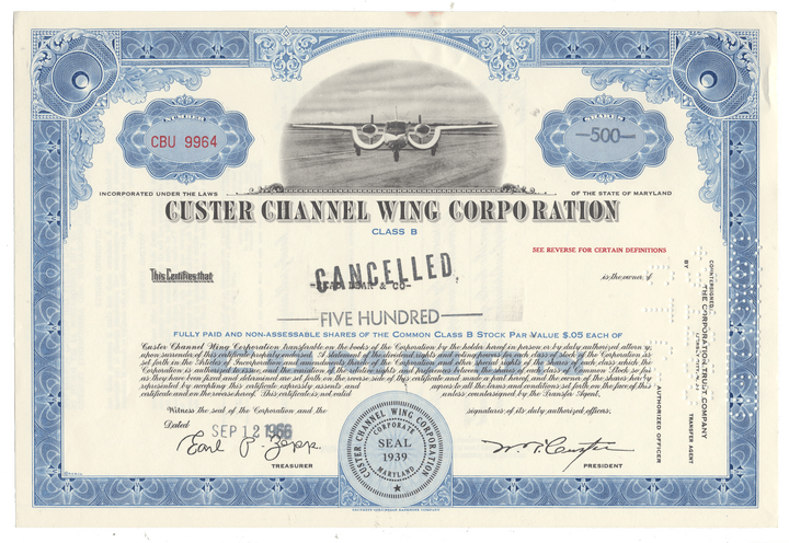 Stock certificate of Custer Channel Wing Corporation with airplane illustration