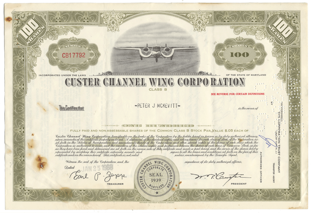 Cust Channel Wing Corporation Stock Certificate