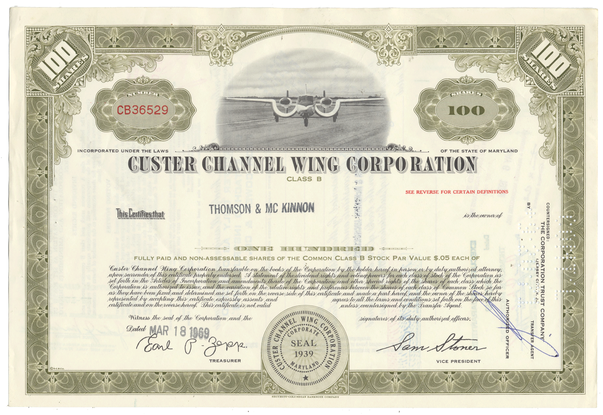 Stock certificate for Guster Channel Wing Corporation from 1969