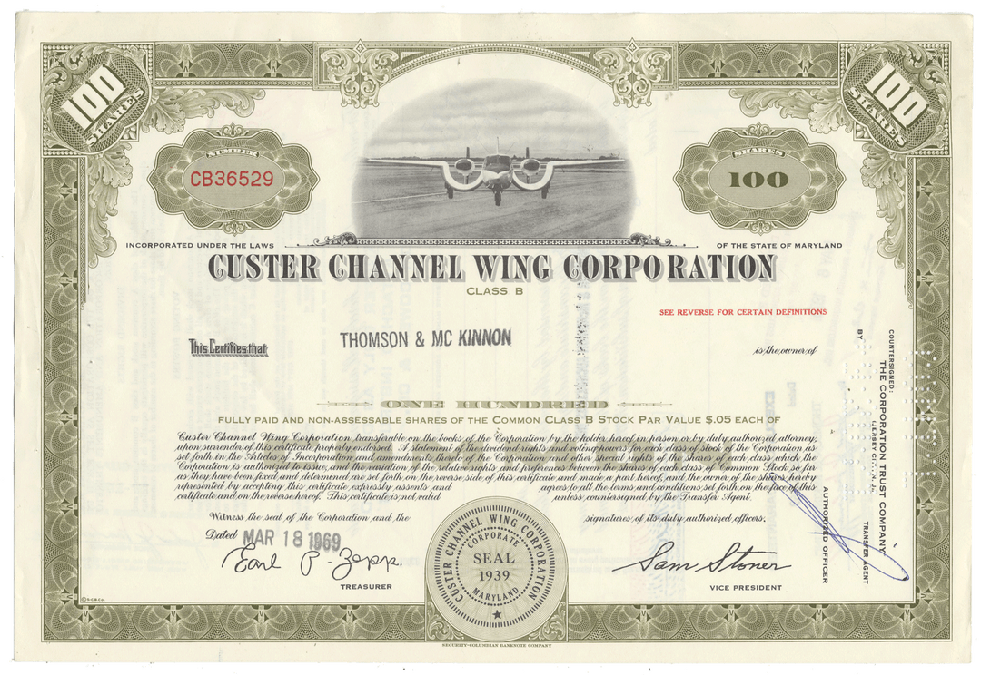Stock certificate for Guster Channel Wing Corporation from 1969