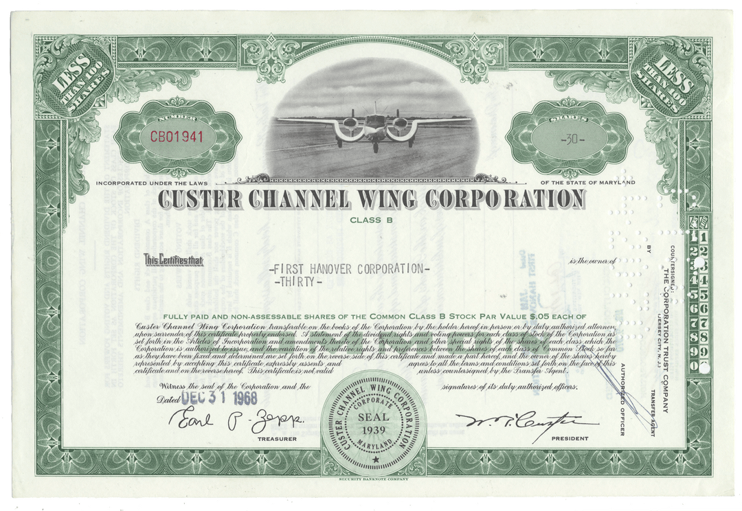 Stock certificate for Custer Channel Wing Corporation with green and white design.