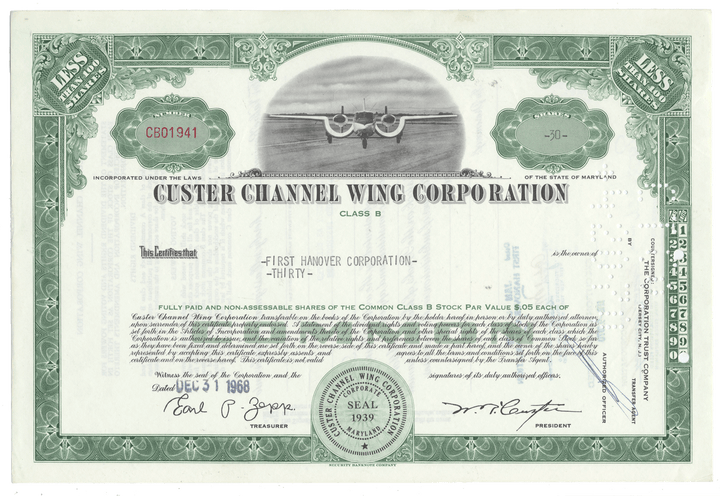 Stock certificate for Custer Channel Wing Corporation with green and white design.