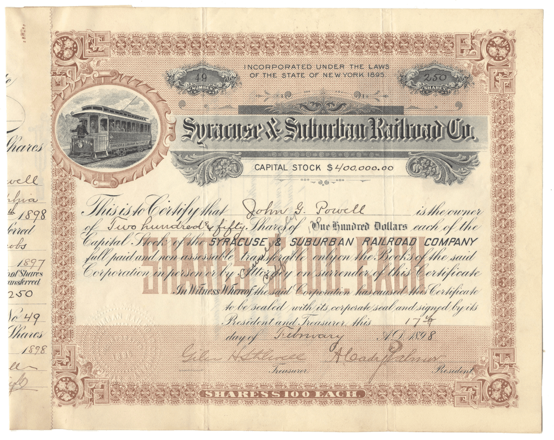 Vintage stock certificate for Syracuse & Suburban Railroad Co. with decorative elements and text.