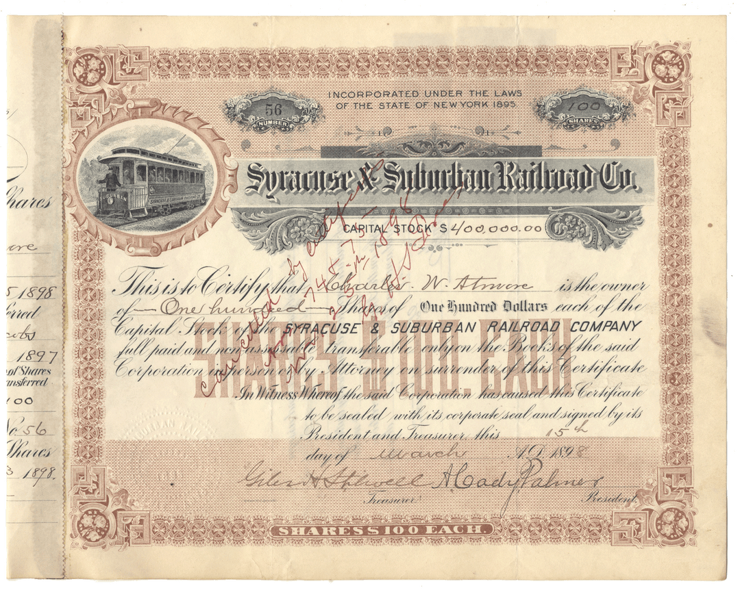 Syracuse & Suburban Railroad Company antique stock certificate from 1898