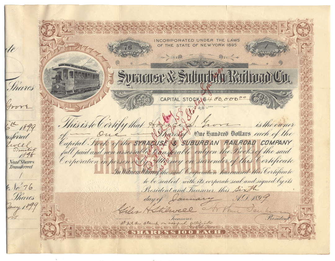 Vintage stock certificate for Syracuse & Suburban Railroad Co. from 1899